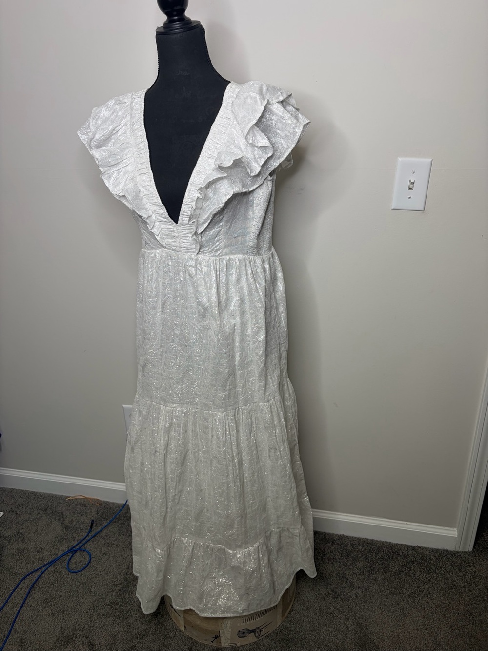 White and sliver Ruffled V-Neck Maxi Dress cap sleeves summer bridal